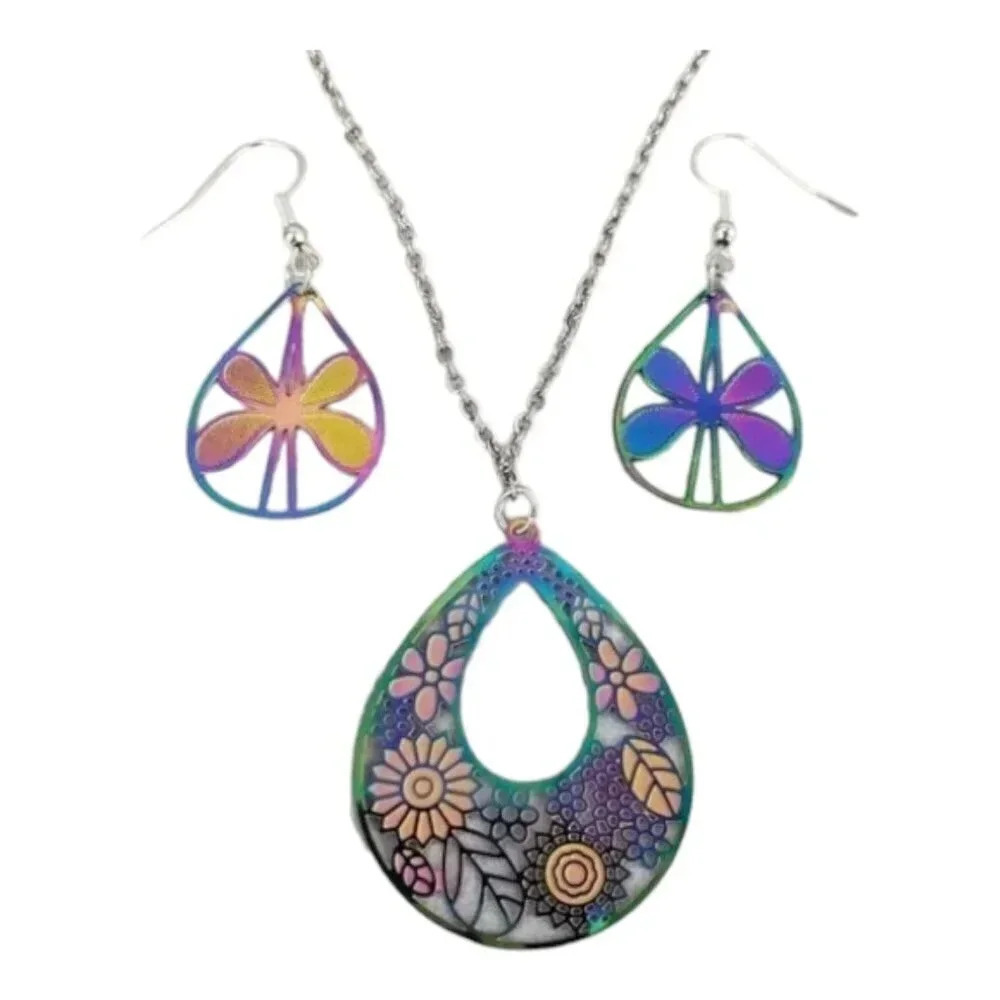 Iridescent Flower Earrings with Floral Teardrop Necklace Set